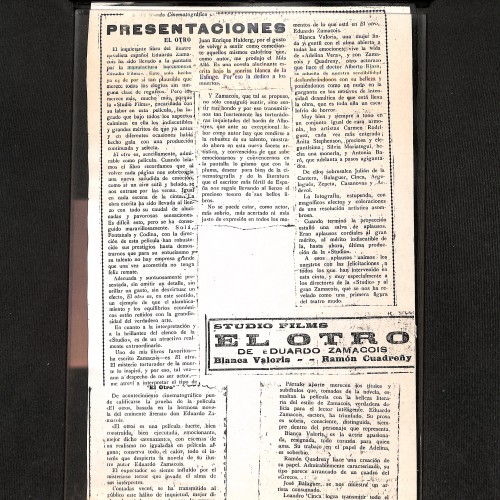 Recorte de prensa cinematográfica histórica (crítica y publicidad): "Presentaciones: El Otro de Eduardo Zamacois".
