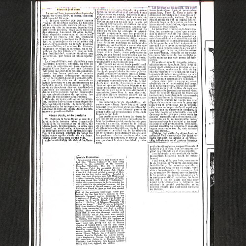 Recorte de prensa cinematográfica histórica: "Dicenta y el cine: Juan José en la pantalla" / "Spanish Production".
