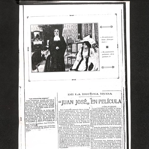 Recorte de prensa histórica: Juan José, en película" / Reseña promocional de Las máscaras negras.