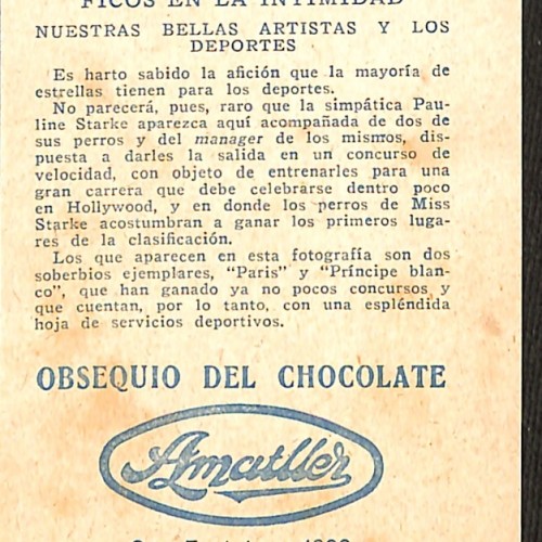 Tarjeta coleccionable: Nuestras bellas artistas y los deportes (Pauline Starke) (Cromo publicitario).