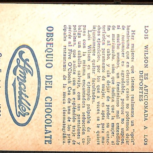 Tarjeta coleccionista: Lois Wilson es aficionada a los deportes (Cromo publicitario).