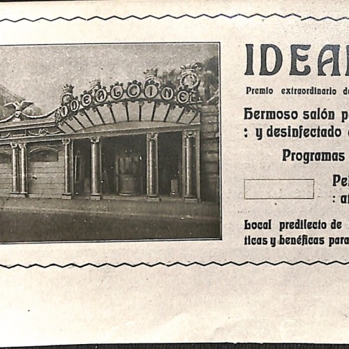 Tarjeta comercial del "Ideal-Cine", destacando su fachada monumental y servicios de higiene o distinción social.