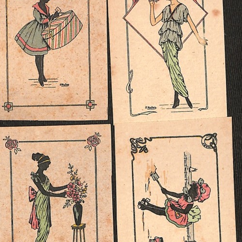 Conjunto de cuatro tarjetas gráficas o viñetas/serie de estampas alegóricas