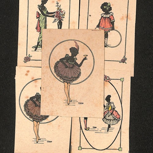Conjunto de cinco tarjetas gráficas o viñetas ilustradas/serie de estampas alegóricas