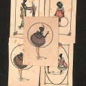 Conjunto de cinco tarjetas gráficas o viñetas ilustradas/serie de estampas alegóricas