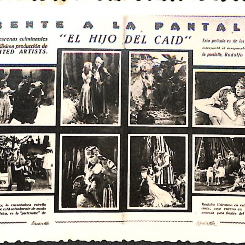 Tarjeta publicitaria: Secciones de "Frente a la pantalla: El Hijo del Caid" (The Son of the Sheik, George Fitzmaurice, 1926).