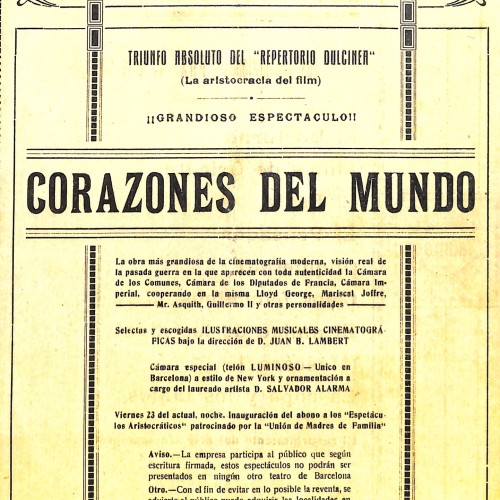 Anuncio del estreno de Corazones del Mundo (Hearts of the World, D. W. Griffith, 1918) en el Gran Salón Doré de Barcelona.