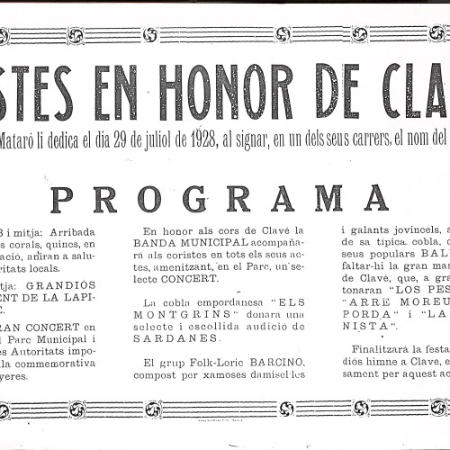 Programa oficial de las "Festes en honor de Clavé" en la ciudad de Mataró.