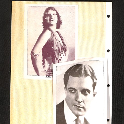 Hoja de álbum coleccionable con retratos de artistas del cine mudo ("Clara Bow" e intérprete masculino).