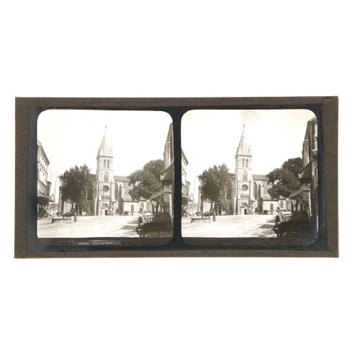 Placa estereoscópica de cristal: Plaza de la Iglesia de Orthez, Francia