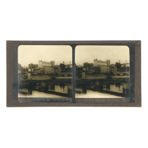 Placa estereoscópica de cristal: Vista de Pau, el río Gave de Pau, el puente y el Castillo