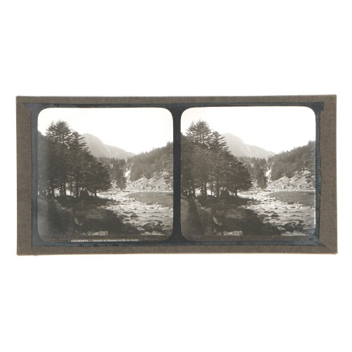 Placa estereoscópica de cristal: Vista del río y paisaje en Cauterets, Francia