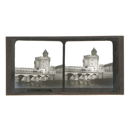 Placa estereoscópica de cristal, vista de Le Castillet en Perpiñán (Francia)