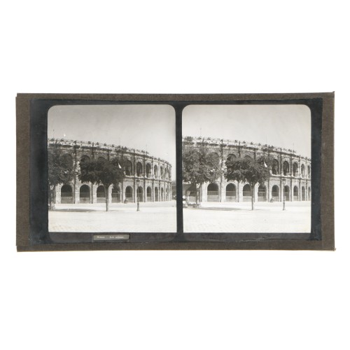 Placa estereoscópica de cristal, vista de las Arenas de Nîmes (Francia)