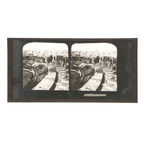 Placa estereoscópica de cristal con vista interior del Anfiteatro de Nimes, Francia