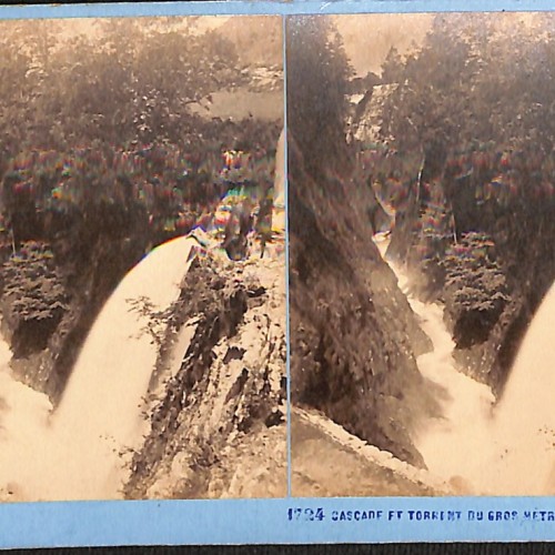 Tarjeta estereoscópica 'Cascade et Torrent du Gros Hêtre, près les Eaux-Bonnes', J.A.