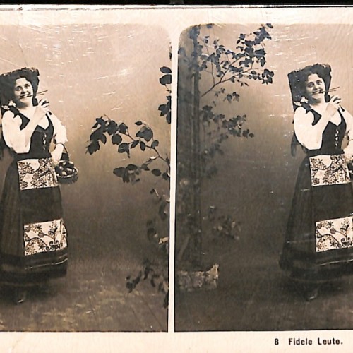 Tarjeta estereoscópica, retrato de estudio costumbrista "Fidele Leute"