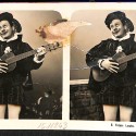 Tarjeta estereoscópica, retrato teatral con guitarra, "Fidele Leute"