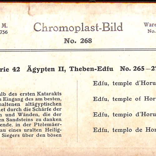 Tarjeta estereoscópica Chromoplast-Bild de Edfu, Templo de Horus (Egipto)