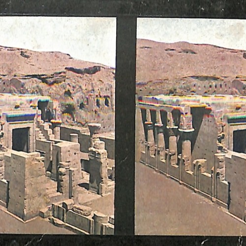 Tarjeta estereoscópica a color del Templo Pequeño de Edfu, Egipto. Serie Chromoplast-Bild.
