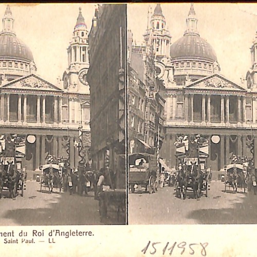 Tarjeta estereoscópica de la Coronación del Rey de Inglaterra ante la Catedral de San Pablo, Londres