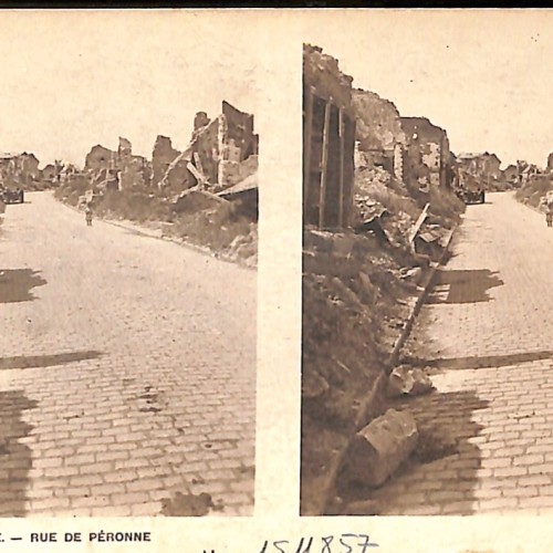 Tarjeta estereoscópica de ruinas en Bapaume, Rue de Péronne