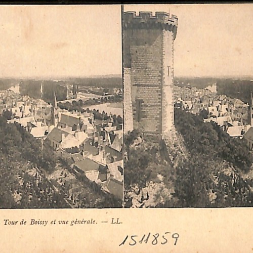 Tarjeta postal estereoscópica de la Tour de Boissy y vista general de Chinon, por Léon & Lévy (LL).