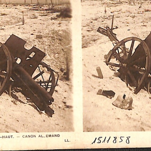 Vista estereoscópica de cañón alemán destruido, Primera Guerra Mundial
