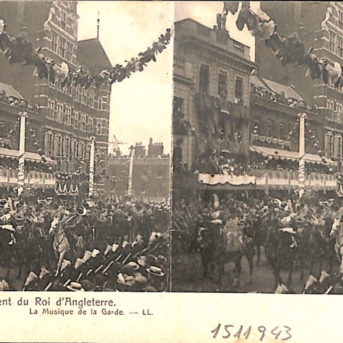 Tarjeta estereoscópica. Desfile militar con banda, coronación Rey de Inglaterra, por Léon et Lévy
