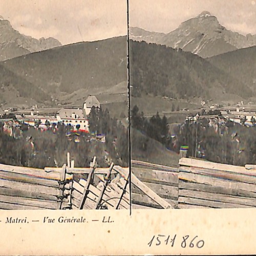 Tarjeta postal estereoscópica, vista general de Matrei en el Tirol (Austria), por Léon et Lévy