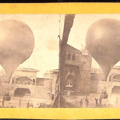 Tarjeta estereoscópica de una ascensión en globo aerostático, c. 1870