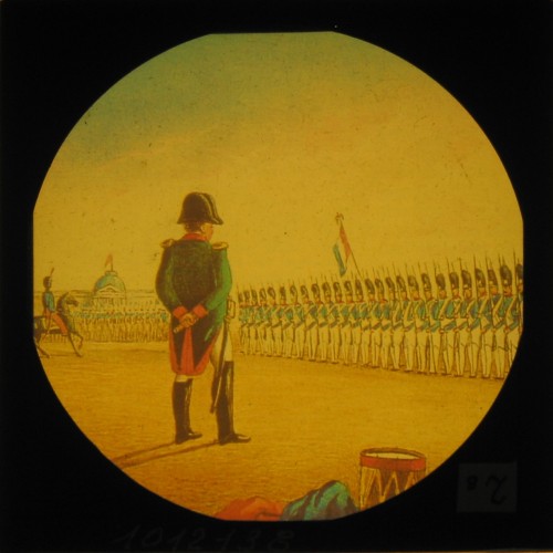 Placa de cristal para Linterna Mágica coloreada, escena militar de Napoleón