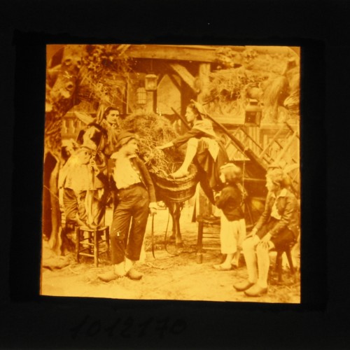 Placa de cristal para linterna mágica, escena costumbrista en tono sepia