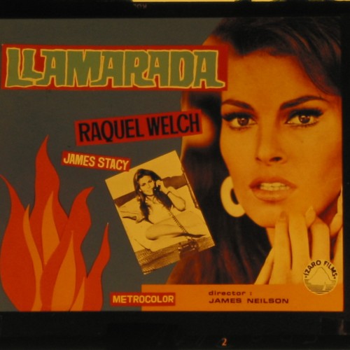 Placa de cristal para proyección, anuncio de la película "Llamarada" con Raquel Welch