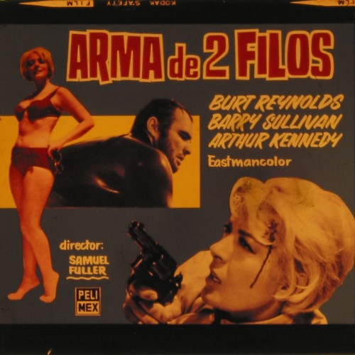 Placa de cristal para proyección en cine, anuncio de la película "Arma de 2 Filos" (Shark!, 1969).