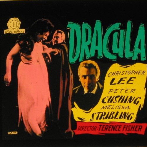 Placa de cristal para proyección en cine, anuncio de la película "Drácula" (1958) de Hammer Productions, distribuida en España p