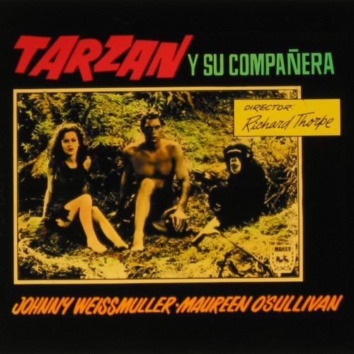 Placa de cristal para proyección cinematográfica, anuncio de la película "Tarzán y su compañera" (1934).