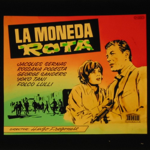 Placa de cristal para proyección cinematográfica del anuncio de la película "La Moneda Rota" (1962).