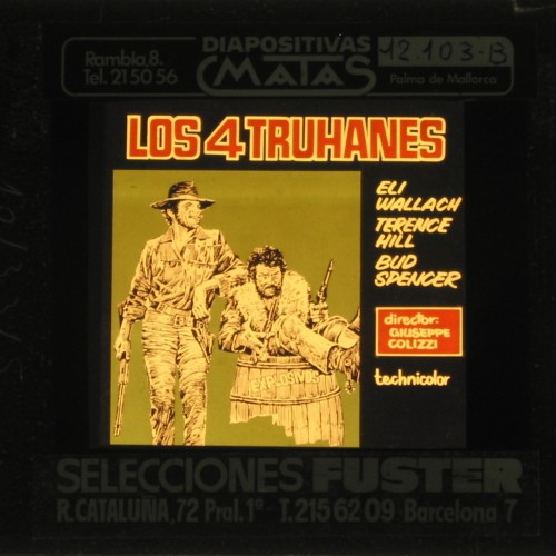 Placa de cristal para proyección en cines con anuncio de la película "Los 4 Truhanes" (1968), distribuida en España por Seleccio