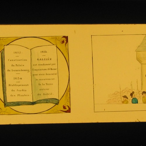 Placa de Linterna Mágica sobre el reinado de Luis XIII y Galileo