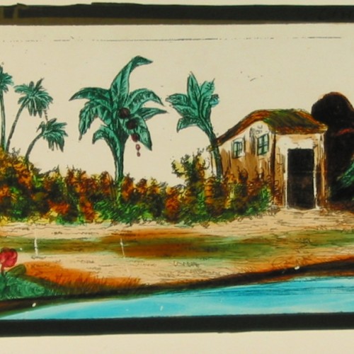 Placa de cristal panorámica para Linterna Mágica coloreada a mano, representando un paisaje tropical con la inscripción 'Habitat