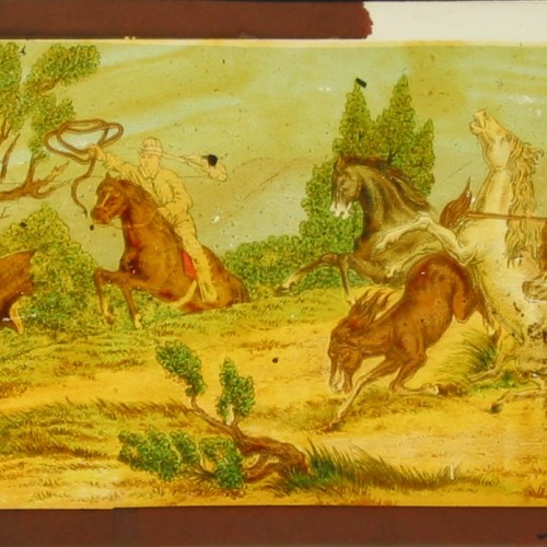 Placa de Linterna Mágica panorámica coloreada, escena de caza de caballos salvajes