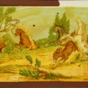 Placa de Linterna Mágica panorámica coloreada, escena de caza de caballos salvajes