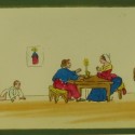 Placa de linterna mágica de gran formato, pintada a mano, que representa una escena costumbrista de una familia humilde en un in