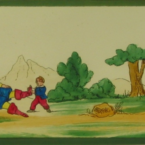 Placa de Linterna Mágica pintada a mano, escena del cuento "Las Botas de las Siete Leguas", N°5.