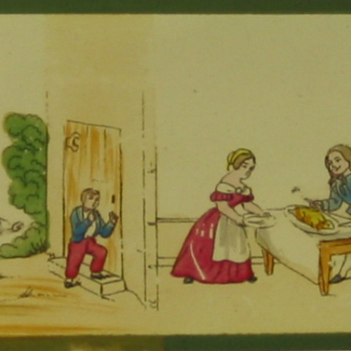 Placa de Linterna Mágica coloreada a mano con tira narrativa infantil en dos escenas, número 3 de una serie.