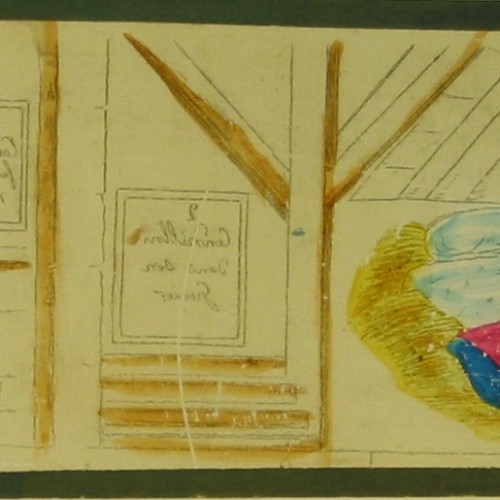 Placa de linterna mágica de tira con dos escenas narrativas coloreadas a mano, posiblemente representando una historia o cuento 