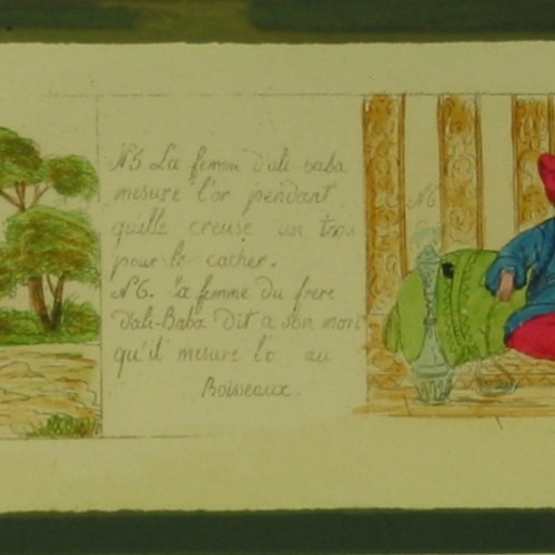 Placa de cristal para Linterna Mágica en formato tira con dos escenas de la historia de 'Alí Babá y los Cuarenta Ladrones', colo