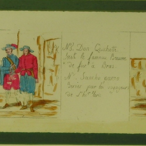 Placa de Linterna Mágica con dos escenas de Don Quijote: Bálsamo de Fierabrás y Manteamiento de Sancho