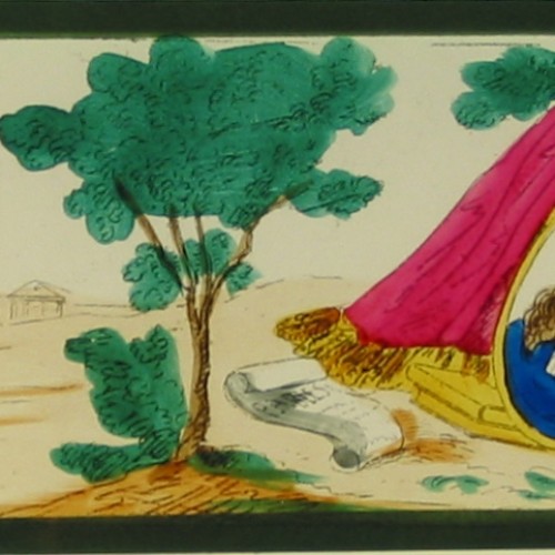 Placa panorámica para Linterna Mágica sobre la vida de Jean de La Fontaine